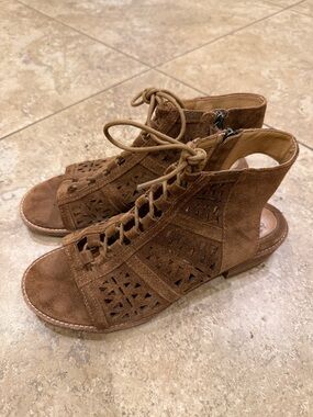 Sofft Brown Suede Laser-Cut Lace-Up Open Heel Sandal